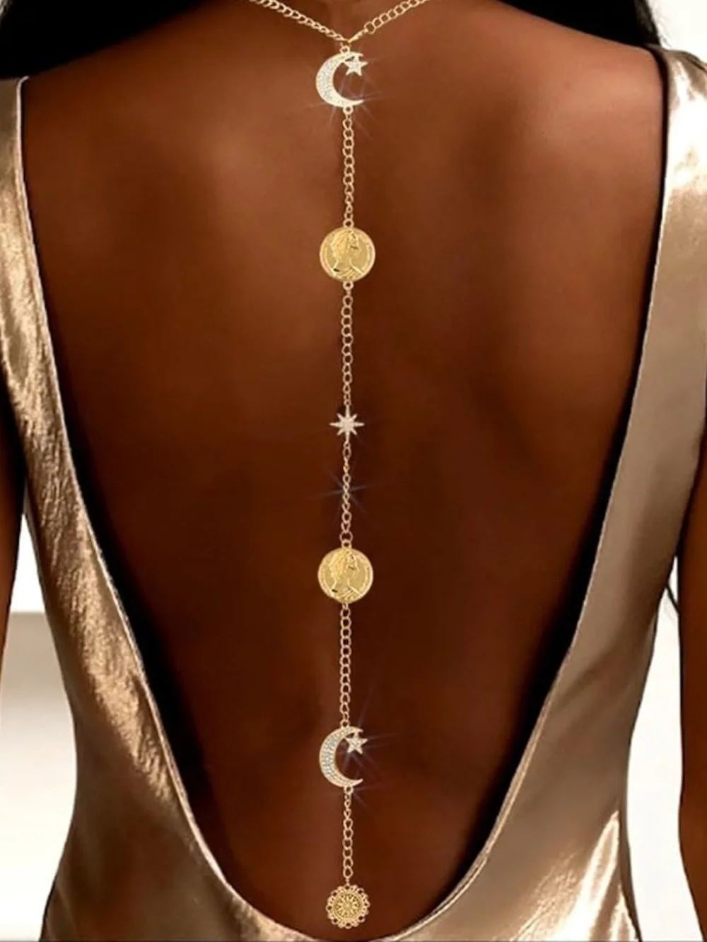 New Gold Back Necklace Moon & Coin Accent Body Chain - Picture 1 of 3